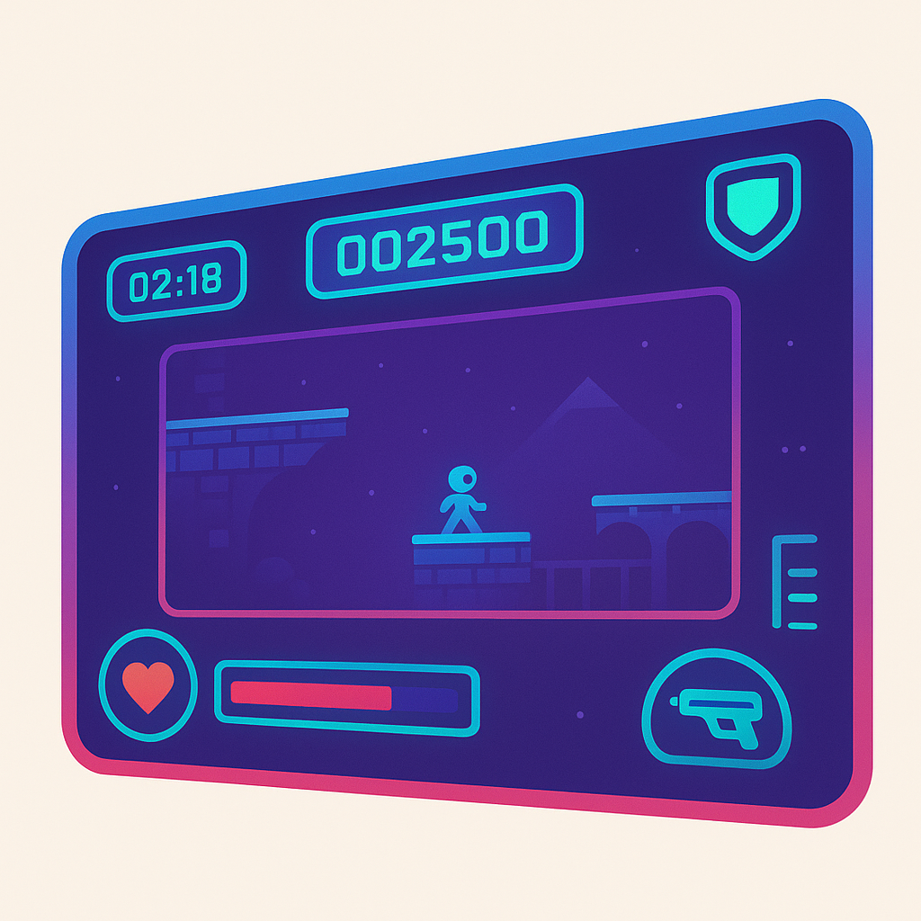 ArcadeForge hero: a stylized gameplay HUD with neon accents and dashboard